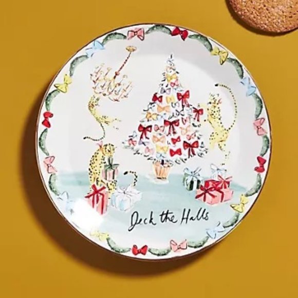 Anthropologie Susannah Garrod 'Tis The Season Leopard Dessert Plate Xmas NEW
